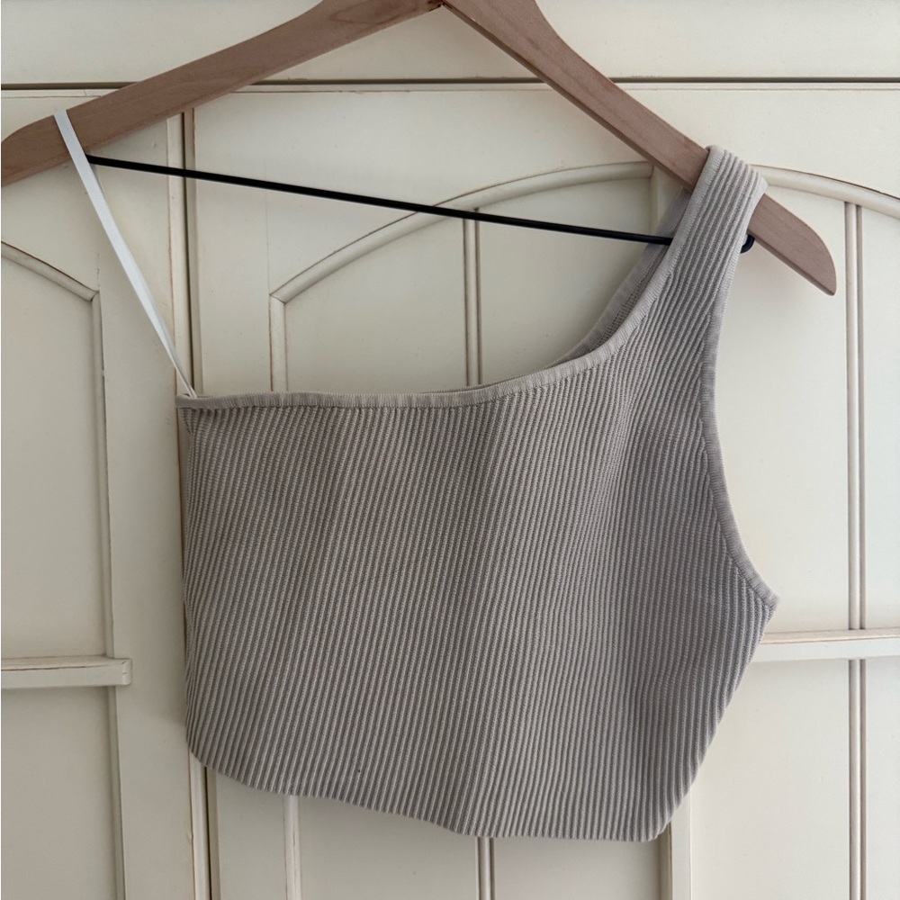 Babaton Taupe Ribbed Asymmetric Crop Top